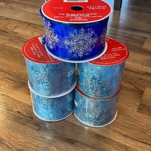 5 New rolls of blue Christmas ribbon